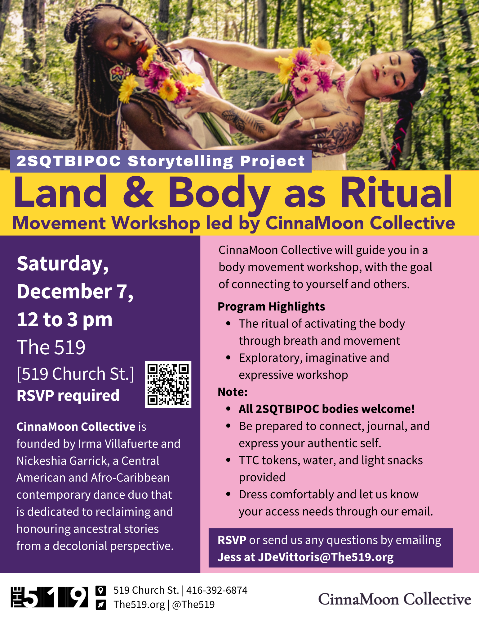 Flyer for Land and Body as Ritual, a movement workshop led by CinnaMoon Collective.