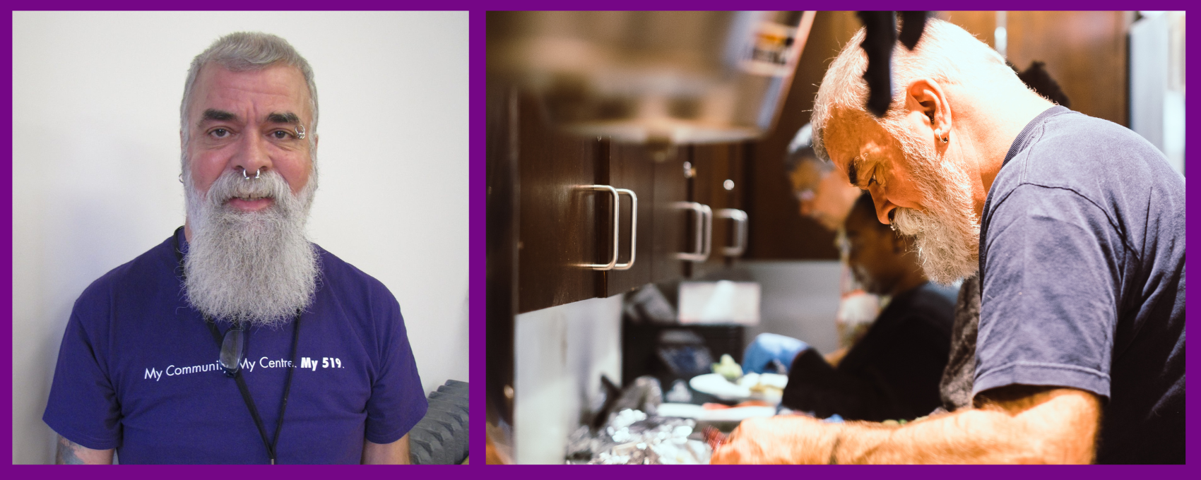 Collage of two photos of Jake. He is posing in a purple volunteer t-shirt in one and working in the kitchen in another.